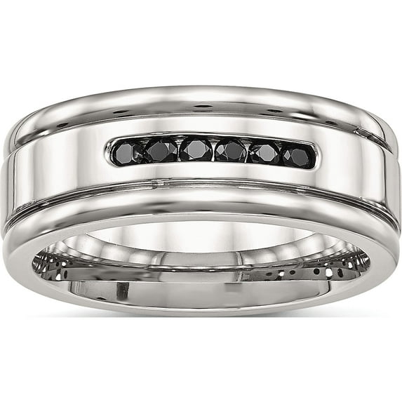 Stainless Steel Polished With Black Cz 8mm Grooved Band (Size 8.5) Made In China sr587-8.5