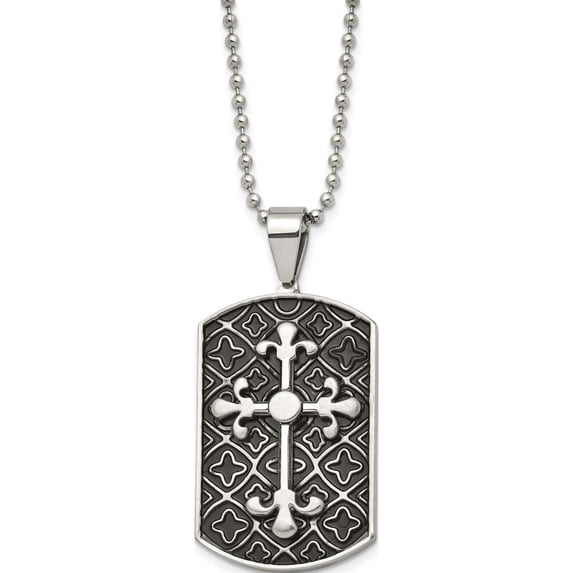 Stainless Steel Polished With Black Enamel Cross Dog Tag 22In Necklace Made In China srn930-22