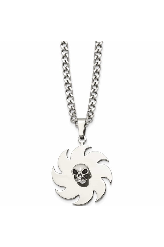 Stainless Steel Polished w/Black Enamel Saw Blade with Skull 24in Necklace