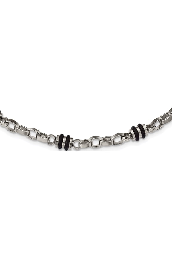 Stainless Steel Polished With Black Rubber Barrel Link 22In Necklace (22 X 6) Made In China srn370-22