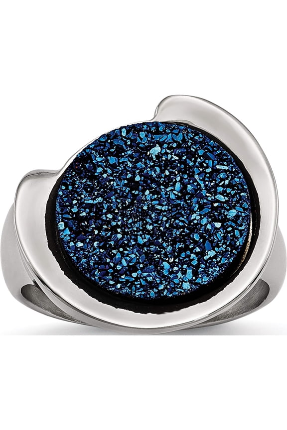 Stainless Steel Polished with Blue Druzy Stone Ring