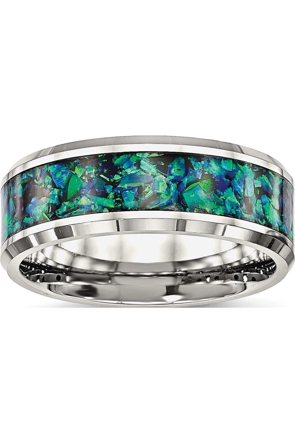 Stainless Steel Polished With Blue Imitation Opal Inlay 8mm Band (Size 8) Made In China sr570-8