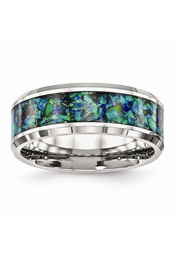 Stainless Steel Polished With Blue Imitiation Simulated Opal 8mm Mens Ring - Size 11