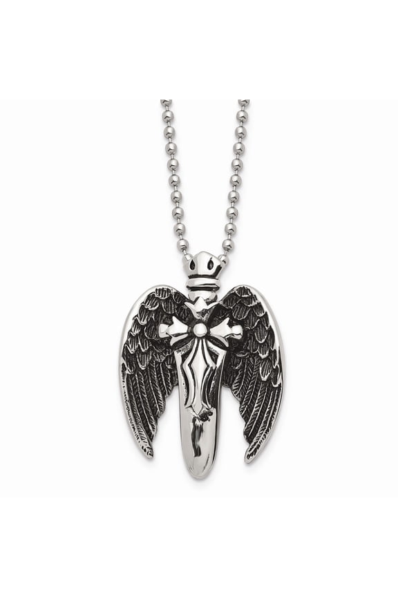 Stainless Steel Polished With Brushed Back Antiqued Winged Sword Necklace; 22 inch; for Adults and Teens; for Women and Men