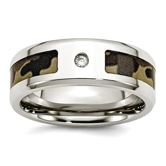 Stainless Steel Polished With Cubic Zirconia Printed Brown Camo Under Rubber Band Ring Size 11 Ring for Women and Men