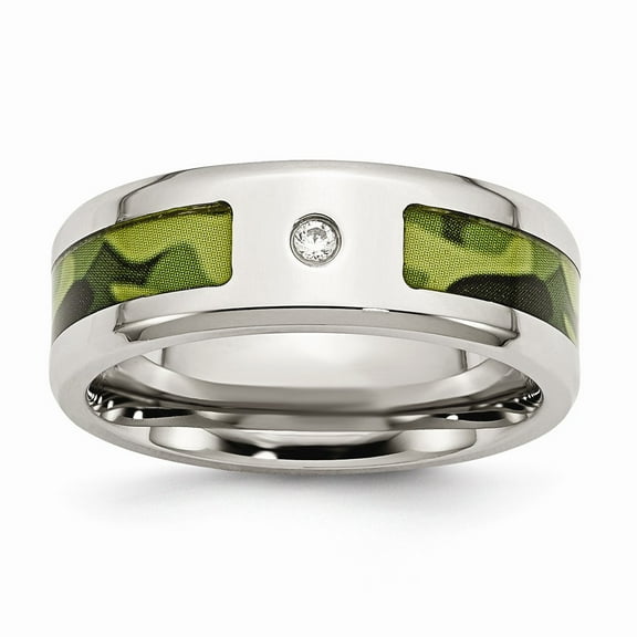 Stainless Steel Polished With CZ Green Camouflage Band Size: 12; for Adults and Teens; for Women and Men