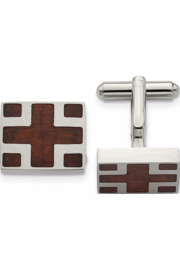 Stainless Steel Polished With Cherry Wood Inlay Cross Design Square Cufflinks (17 X 15) Made In China -Jewelry By Sweet Pea