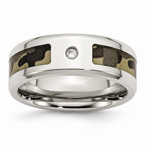Stainless Steel Polished With Cubic Zirconia Printed Brown Camo Under Rubber Band Ring - Size 12