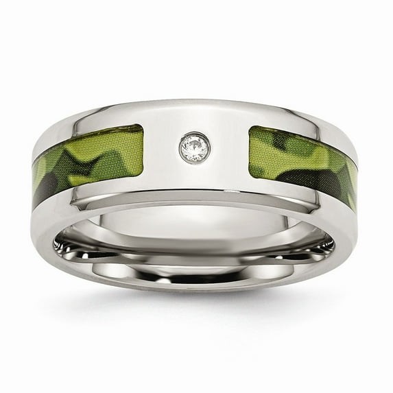 Stainless Steel Polished With Cubic Zirconia Printed Green Camo Under Rubber Band Ring - Size 11
