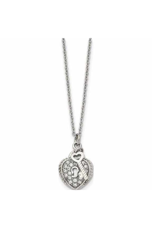 Chisel Stainless Steel Polished CZ Heart Lock and Key 2-Piece Moveable Pendant on an 18 inch Cable Chain Necklace