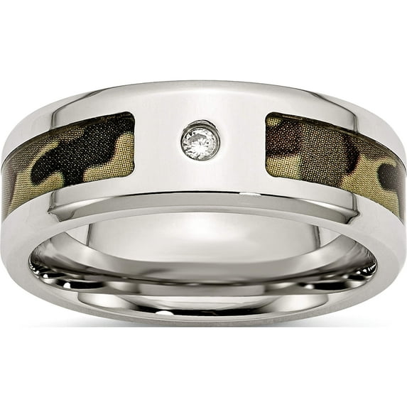 Stainless Steel Polished With Cz Printed Brown Camo Under Rubber Band (Size 9.5) Made In China sr452-9.5