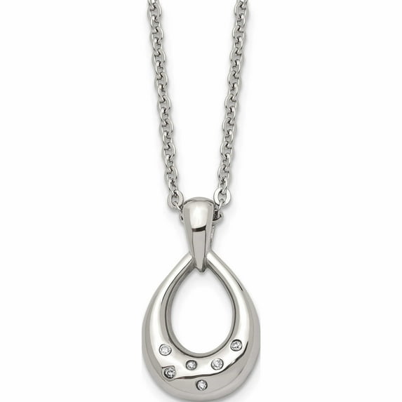 Stainless Steel Polished With Cz Teardrop 18In Necklace Made In China -Jewelry By Sweet Pea