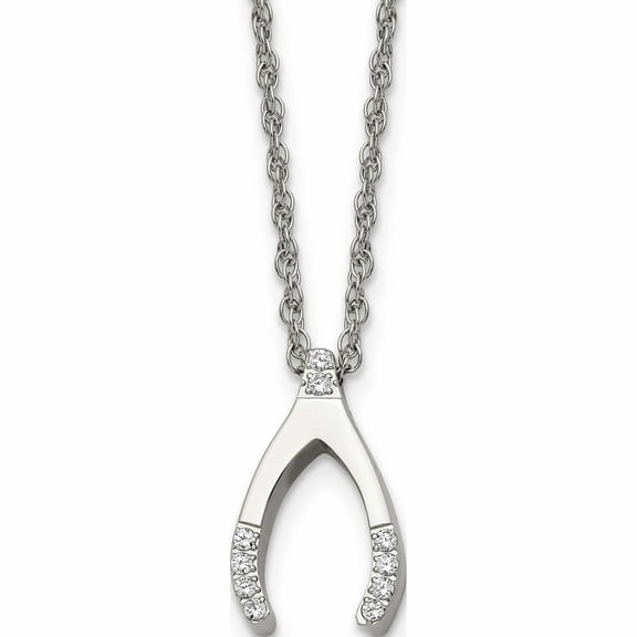 Jewelry by Sweet Pea Chisel Stainless Steel Polished with CZ Wishbone on a 15.5 inch Multi-Link Chain Necklace
