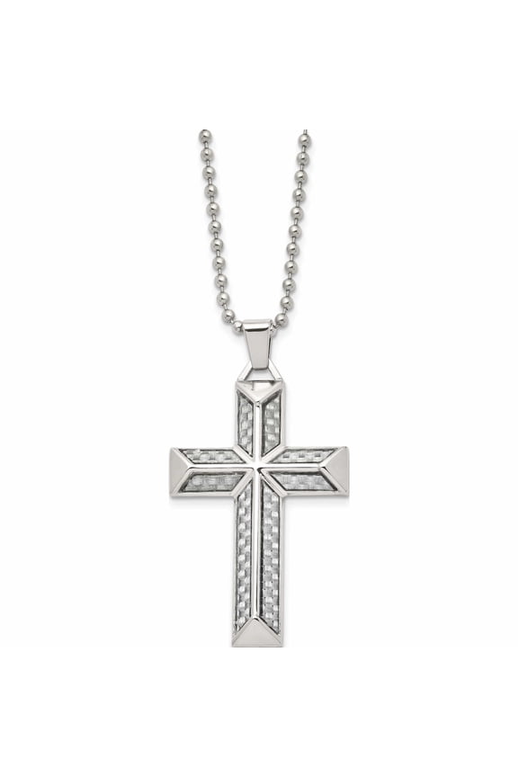 Stainless Steel Polished With Grey Carbon Fiber Inlay Cross 24In Necklace (24 X 32.07) Made In China -Jewelry By Sweet Pea