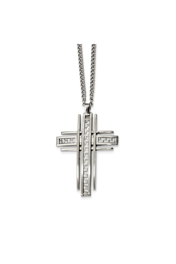 Stainless Steel Polished With Grey Carbon Fiber Inlay Cross Necklace - 24 Inch - Measures 36.8mm Wide