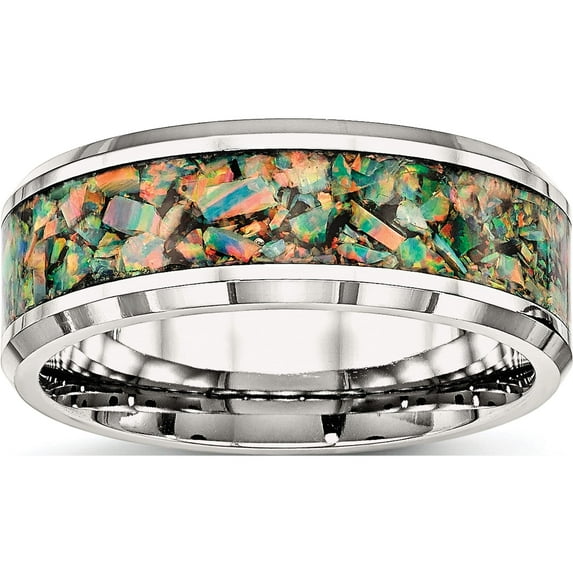 Stainless Steel Polished With Imitation Opal Inlay 8mm Band (Size 13) Made In China sr569-13