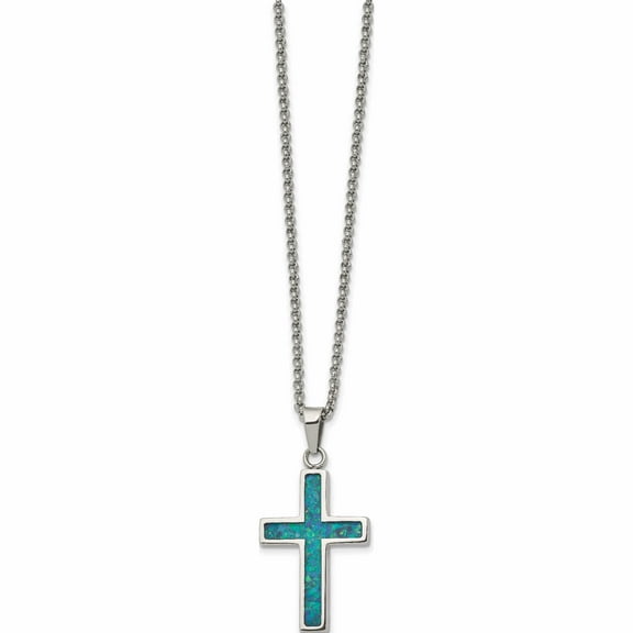 Stainless Steel Polished With Imitation Opal Small Cross 22In Necklace (22 X 2) Made In China -Jewelry By Sweet Pea