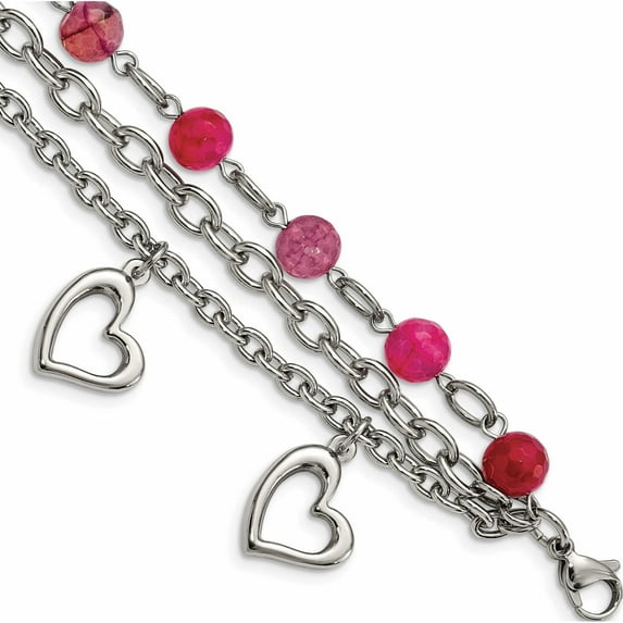 Stainless Steel Polished With Pink Agate And Hearts 7.75In Bracelet Made In China -Jewelry By Sweet Pea