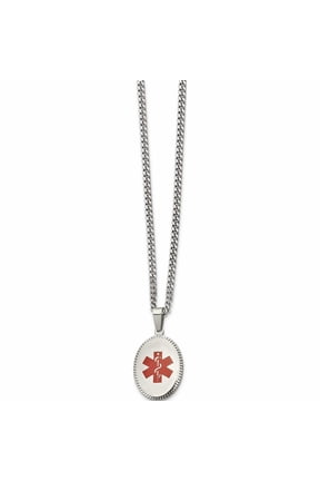 Chisel Stainless Steel Polished with Red Enamel Oval Medical ID Pendant on a 20 inch Curb Chain Necklace