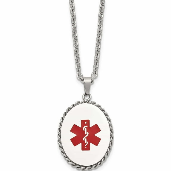 Stainless Steel Polished With Red Enamel Oval Medical Id 20In Necklace (20 X 34.67) Made In China -Jewelry By Sweet Pea