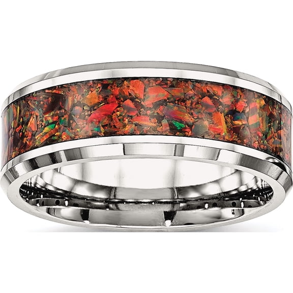 Jewelry by Sweet Pea Chisel Stainless Steel Polished with Red Imitation Opal Inlay 8mm Band