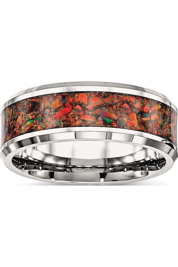 Stainless Steel Polished With Red Imitation Opal Inlay 8mm Band (Size 8.5) Made In China sr568-8.5
