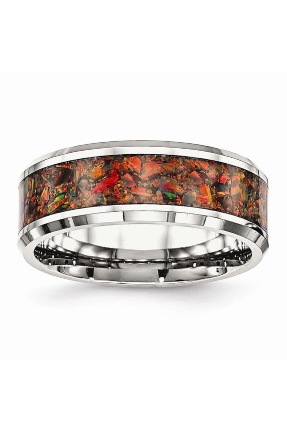 Stainless Steel Polished With Red Simulated Opal 8mm Mens Ring - Size 9