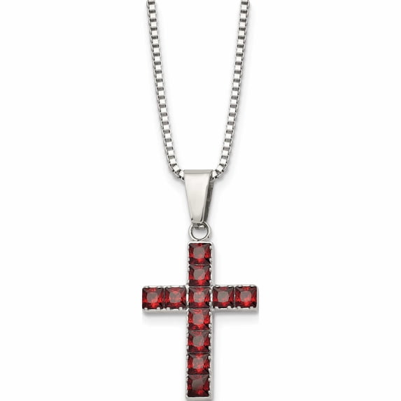 Stainless Steel Polished With Red Square Cz Cross 18In Necklace Made In China -Jewelry By Sweet Pea