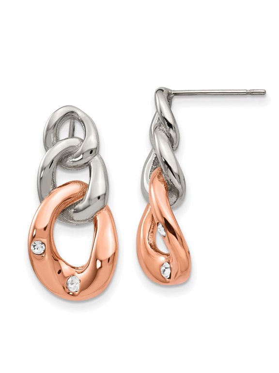 Stainless Steel Polished With Rose IP Loop Crystal Dangle Post EarRings; for Adults and Teens