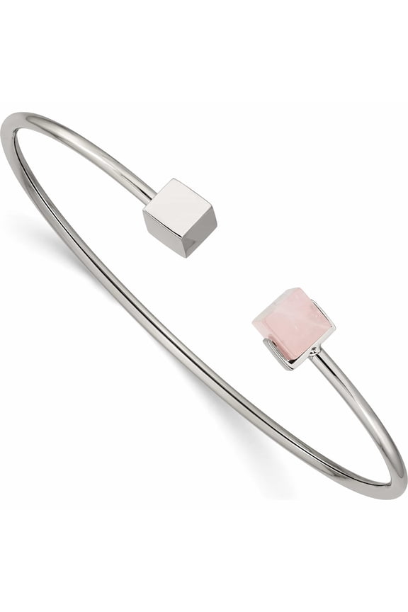 Stainless Steel Polished With Rose Quartz Flexible Bangle Made In China -Jewelry By Sweet Pea