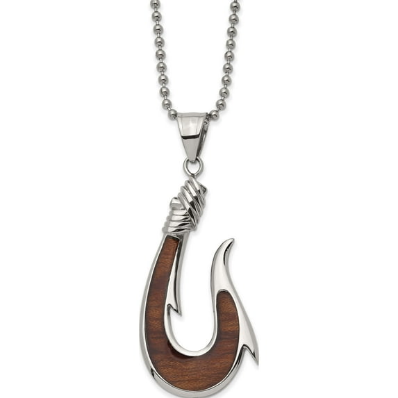 Stainless Steel Polished With Rosewood Inlay Hook 22In Necklace (22 X 25.9) Made In China srn2883-22