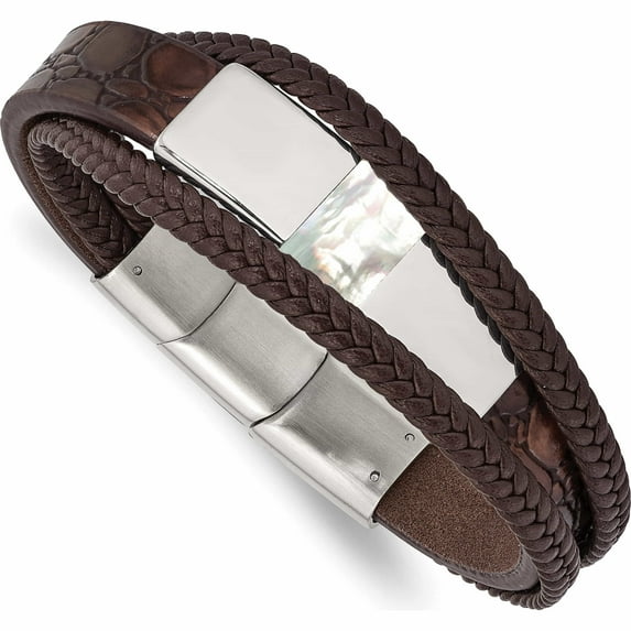 Stainless Steel Polished With Shell Pearl Leather 8In .5In Ext Bracelet (8 X 13) Made In China -Jewelry By Sweet Pea