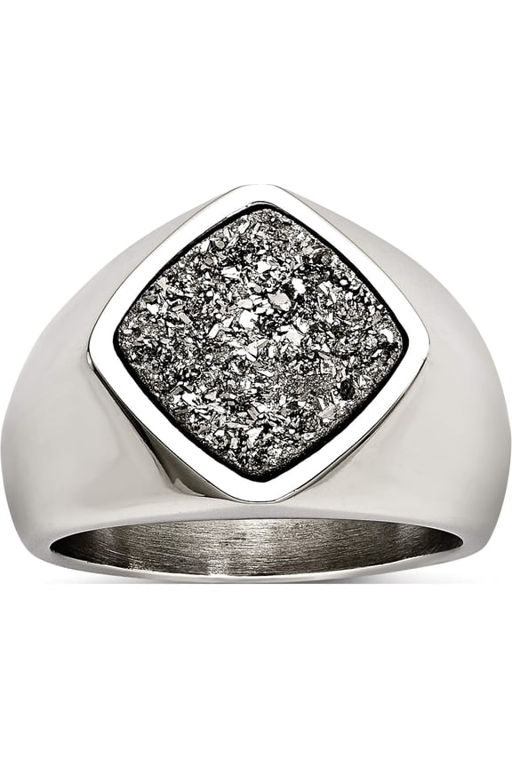 Stainless Steel Polished With Silver Druzy Ring (Size 6) Made In China sr614-6