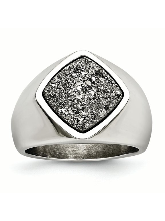 Finest Gold Stainless Steel Polished with Silver Druzy Ring - Size 6