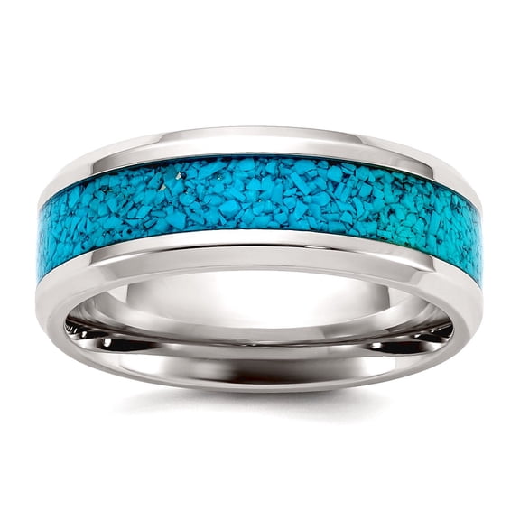 Stainless Steel Polished With Simulated Turquoise Inlay 8mm Band Size 12 Ring for Women and Men