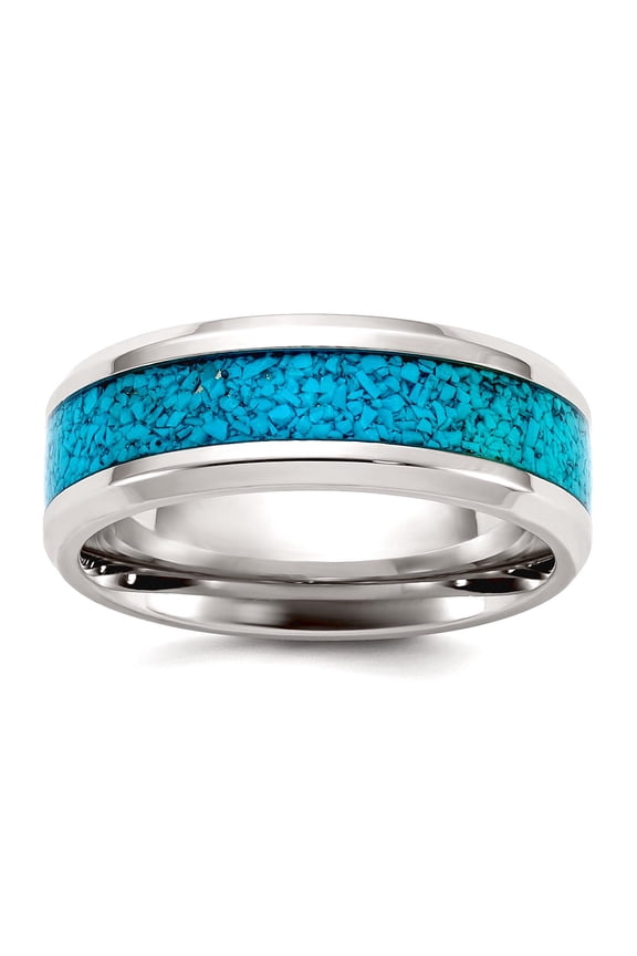 Stainless Steel Polished With Simulated Turquoise Inlay 8mm Band Size 8 Ring for Women and Men