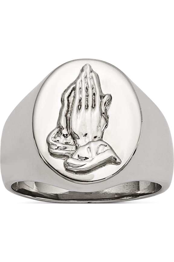 Stainless Steel Polished With Sterling Silver Praying Hands Ring (Size 9) Made In China sr472-9