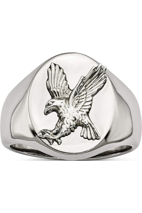 Stainless Steel Polished With Sterling Silver Rhodium-Plated Eagle Ring (Size 9) Made In China sr602-9