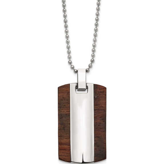 Stainless Steel Polished With Wood Dog Tag 24In Necklace Made In China srn447-24