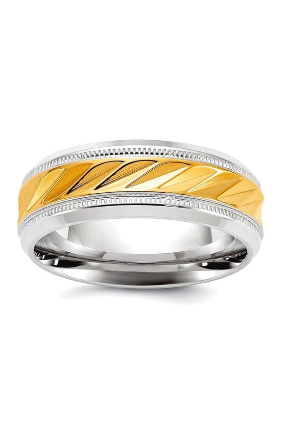 Stainless Steel Polished With Yellow Ip Plated Grooved Center 8mm Band Size 13 Ring for Women and Men