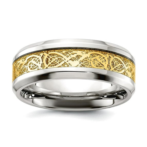 Stainless Steel Polished With Yellow Ip Plated Inlay Design 8mm Band Size 8.5 Ring for Women and Men
