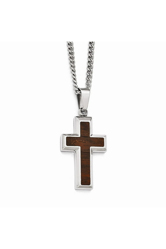 Stainless Steel Polished Wood Inlay Cross Necklace; 24 inch; for Adults and Teens; for Women and Men