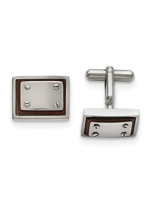 Stainless Steel Polished Wood Inlay Cuff Links