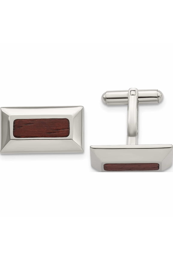 Stainless Steel Polished Wood Inlay Rectangle Cufflinks (23 X 12) Made In China -Jewelry By Sweet Pea
