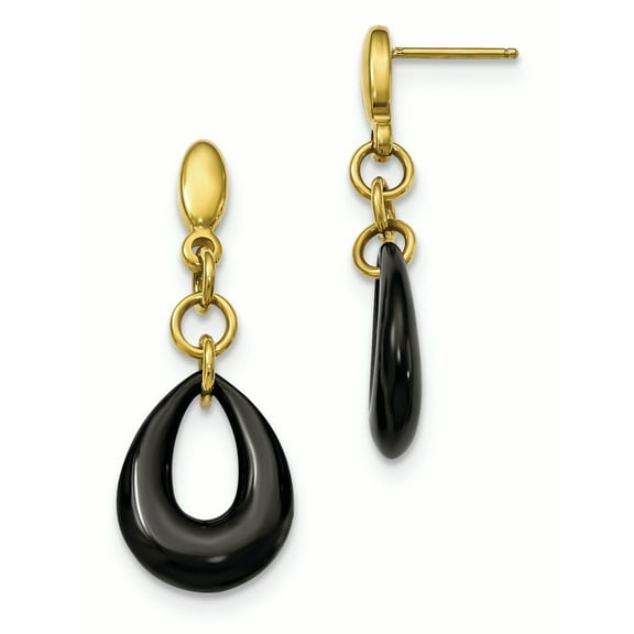 Stainless Steel Polished Yellow IP Blk Ceramic Post Dangle Earrings