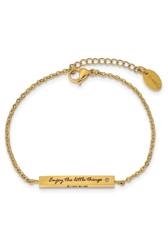 Stainless Steel Polished Yellow IP-plated with CZ LOVE DREAM LAUGH Enjoy the little things 7 inch Bracelet with 1.5 inch Extension