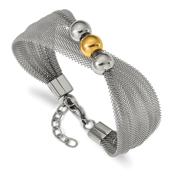 Stainless Steel Polished Yellow IP-plated Bead Mesh 7in with 1in ext. Bracelet
