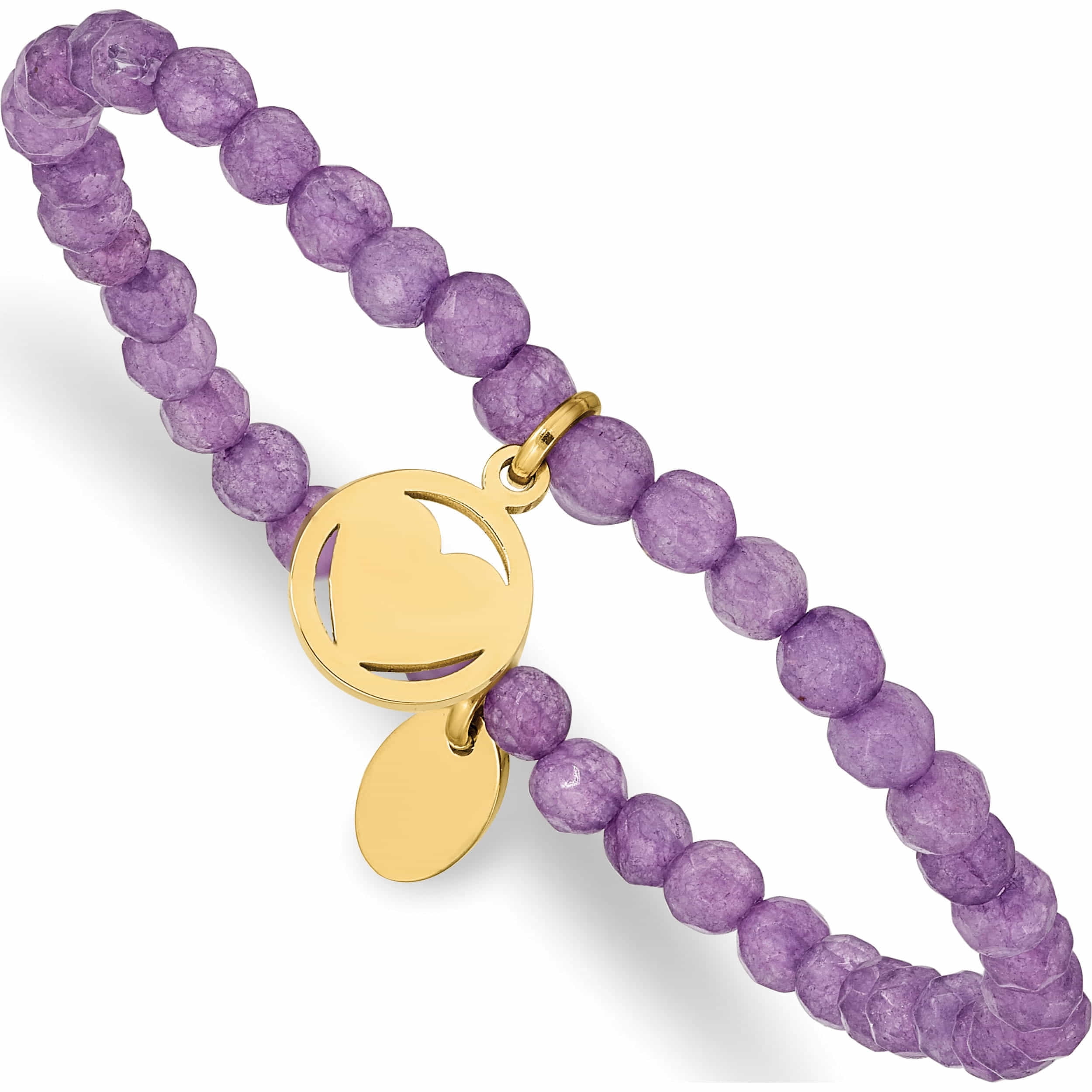 Stainless Steel Polished Yellow Ip Heart Light Purple Jade Stretch Bracelet Made In China -Jewelry By Sweet Pea