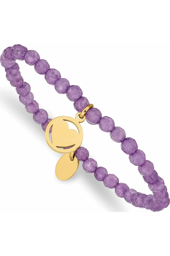 Chisel Stainless Steel Polished Yellow IP-plated Heart 4mm Light Purple Jade Beaded Stretch Bracelet