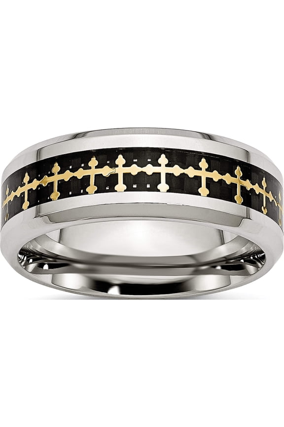 Stainless Steel Polished Yellow Ip With Carbon Fiber Inlay Cross 8mm Band (Size 12) Made In China sr406-12